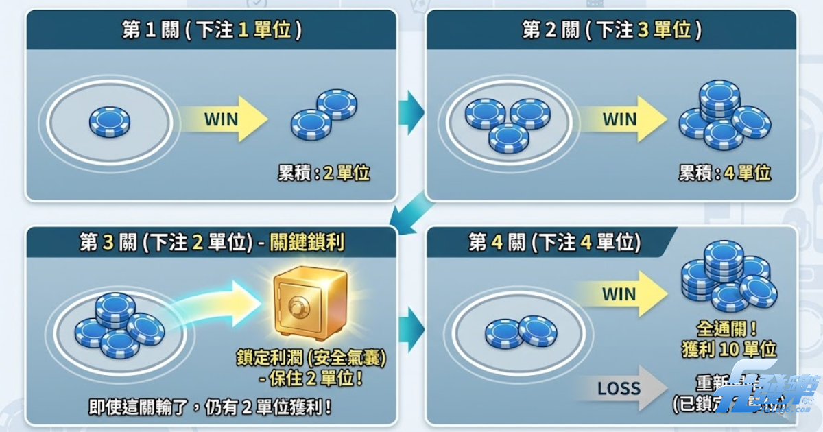 1-3-2-4投注法流程圖:獲利鎖定機制