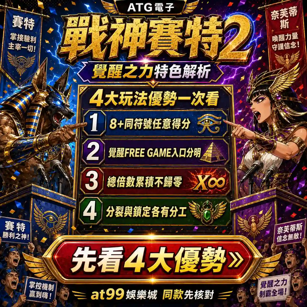 戰神財神娛樂城覺醒之力特色圖，整理8符號得分、FREE GAME、倍數累積與分裂鎖定四大優勢